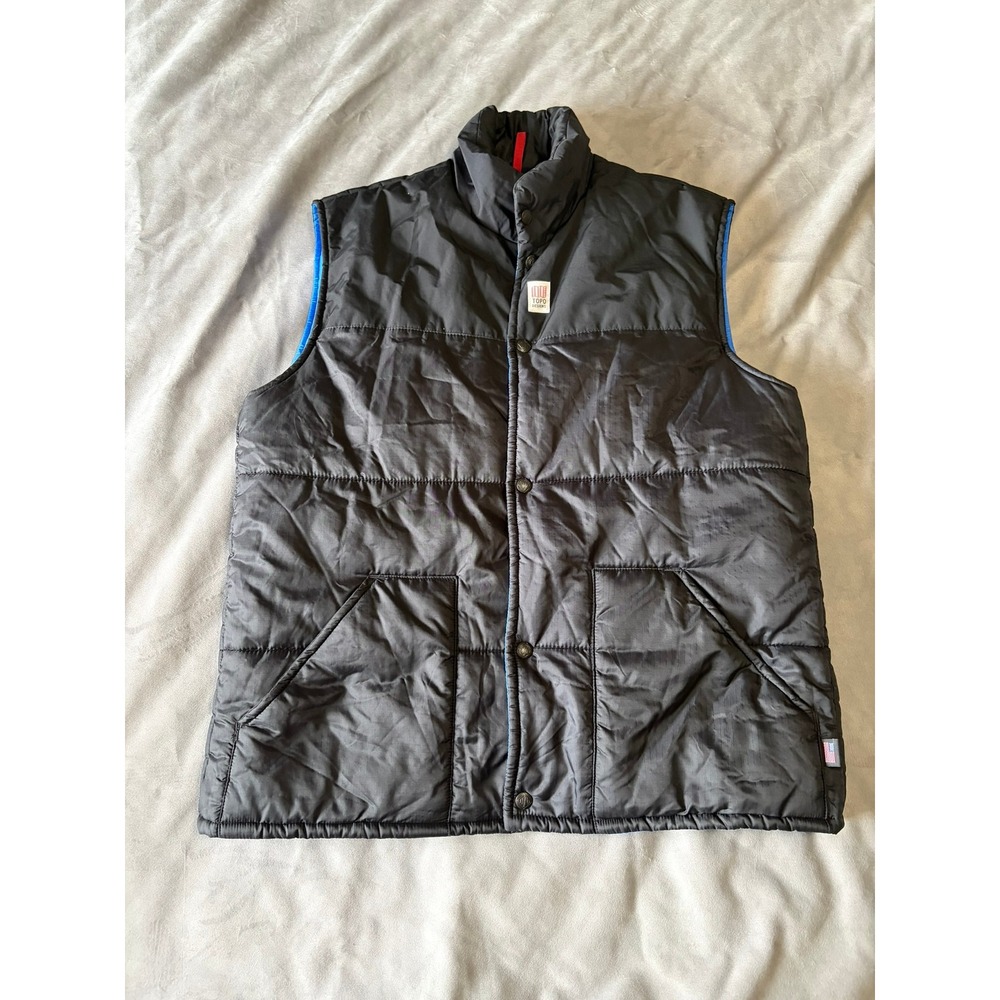Topo Designs Puffer Vest Mens Large Black Blue Quilted Snap Front Made in USA
